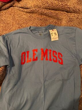 Champion Carolina Blue Tee with Red OLE MISS Arch